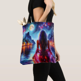 Beautiful girl watching glowing night water tote bag