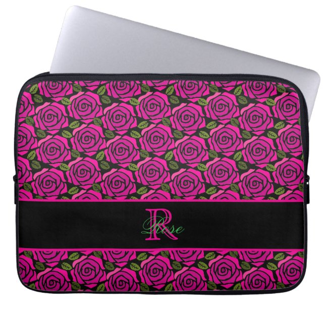 Beautiful Girly Hot Pink Roses Name Monogram  Laptop Sleeve (Voorkant)