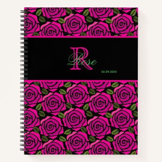 Beautiful Girly Hot Pink Roses Name Monogram  Notitieboek (Voorkant)