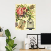 Beautiful girly vintage roses flowers Eiffel Tower Poster (Thuiskantoor)
