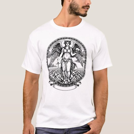 Beautiful Greek winged Angel with sword and skul T-shirt (Voorkant)