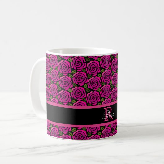 Beautiful Hot Pink Roses Custom Name Monogram Gift Koffiemok (Voorkant links)