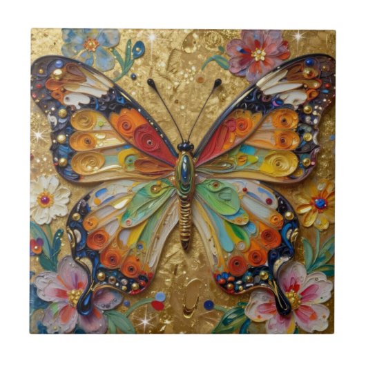 Beautiful Impasto Butterfly and Flowers   Tegeltje (Voorkant)