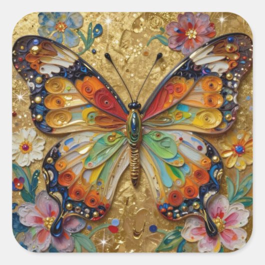Beautiful Impasto Butterfly and Flowers   Vierkante Sticker (Voorkant)