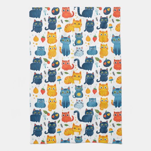 Beautiful kawaii cats, playing with toys white ba theedoek (Verticaal)