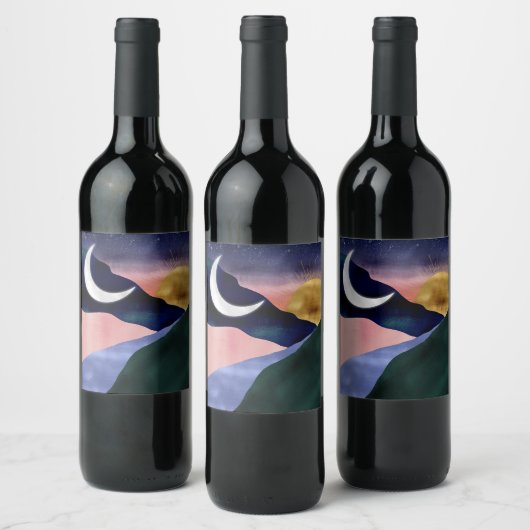 Beautiful Mountain River Moon Sunset Design Wijn Etiket (Flessen)