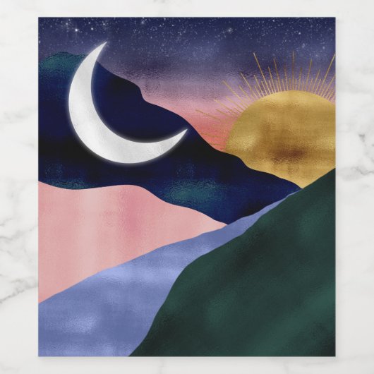 Beautiful Mountain River Moon Sunset Design Wijn Etiket (Enkel label)