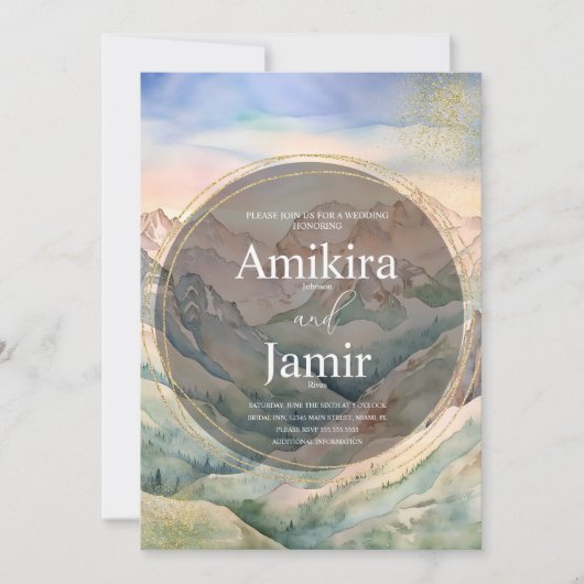 Beautiful Mountain Watercolor Glitter Wedding Kaart (Voorkant)