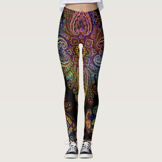 Beautiful Multicolored Paisley on Black Leggings (Voorkant)