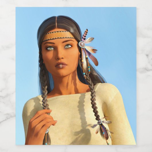 Beautiful Native American Woman Indigenous Outfit Wijn Etiket (Enkel label)