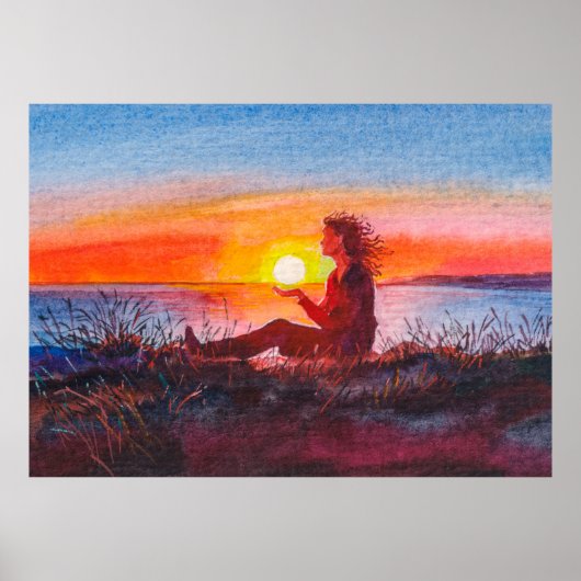 Beautiful ocean sunset. Portrait of young woman as Poster (Voorkant)