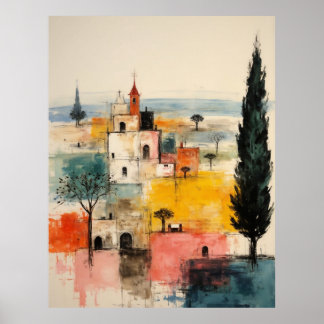 Beautiful Ochre Red  old small town painting Poster