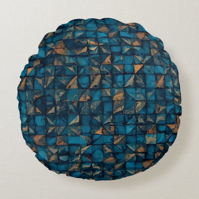 Beautiful Patchwork "Look" in Dark Teal Rond Kussen (Voorkant)