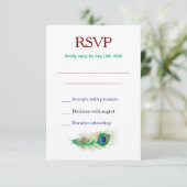 Beautiful Peacock Feather Wedding RSVP Kaartje (Staand voorkant)