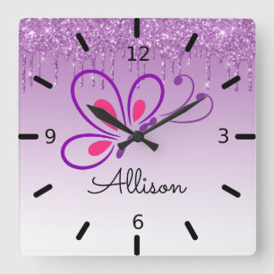 Beautiful Personalized Purple Butterfly Vierkante Klok