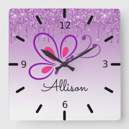 Beautiful Personalized Purple Butterfly Vierkante Klok (Voorkant)
