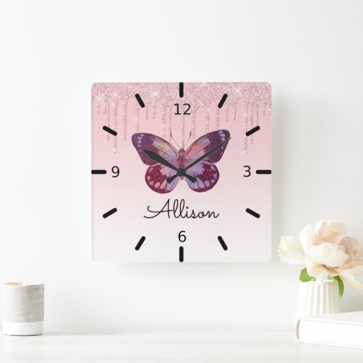 Beautiful Personalized Purple Butterfly Vierkante Klok (Huis)
