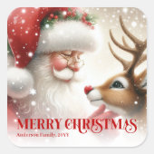 Beautiful Personalized Santa and Rudolph Holiday Vierkante Sticker (Voorkant)