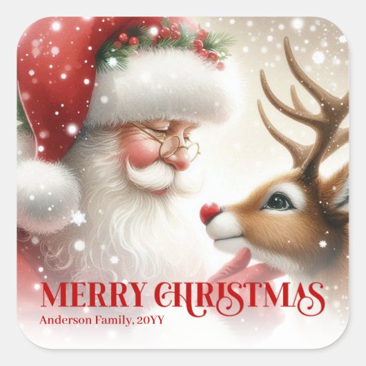 Beautiful Personalized Santa and Rudolph Holiday   Vierkante Sticker (Voorkant)