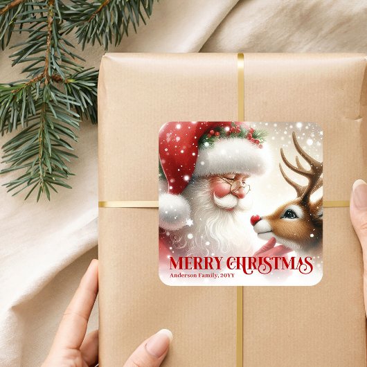 Beautiful Personalized Santa and Rudolph Holiday Vierkante Sticker