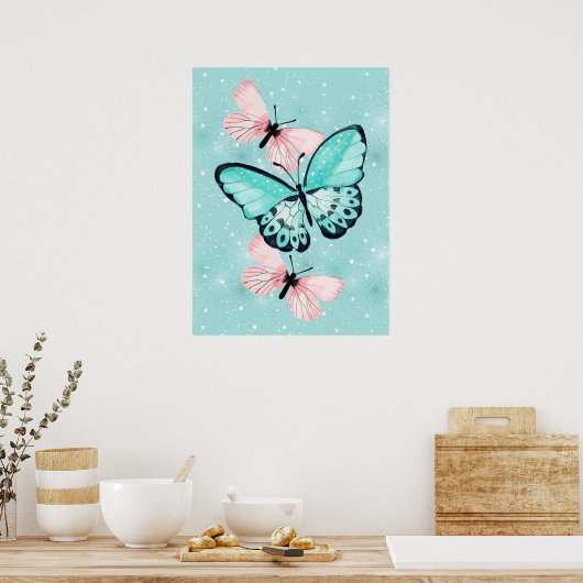Beautiful Pink and Blue Butterflies Poster (Keuken)