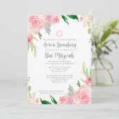 Beautiful Pink Floral Bat Mitzvah Party Kaart (Staand voorkant)