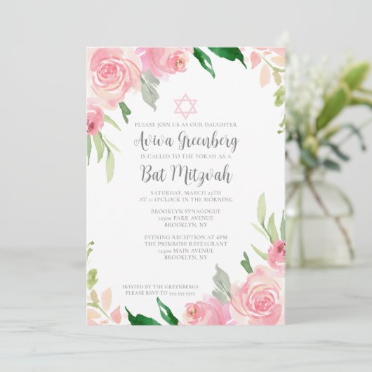Beautiful Pink Floral Bat Mitzvah Party Kaart (Staand voorkant)