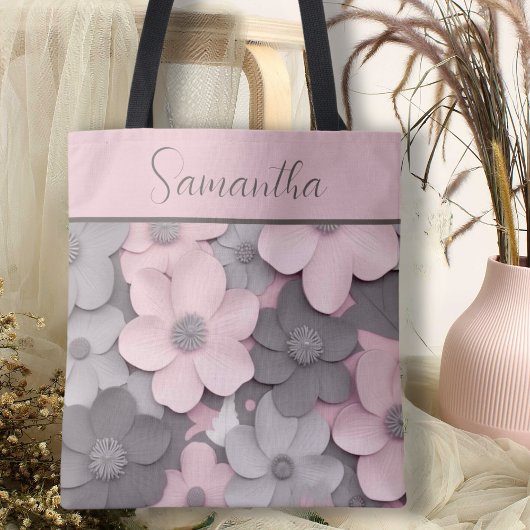 Beautiful Pink-Gray 3D Poppies Floral Tote Bag