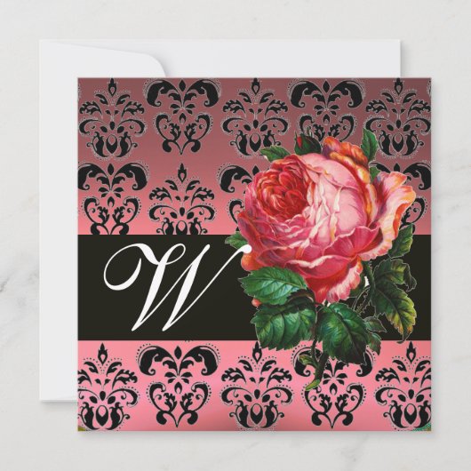 BEAUTIFUL PINK ROSE ZWARTE WITTE DAMASKMONOGRAM KAART (Voorkant)