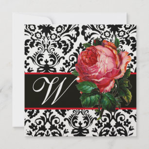 BEAUTIFUL PINK ROSE ZWARTE WITTE DAMASKMONOGRAM KAART