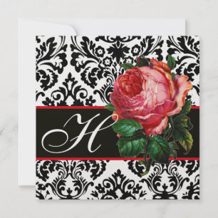 BEAUTIFUL PINK ROSE ZWARTE WITTE DAMASKMONOGRAM KAART
