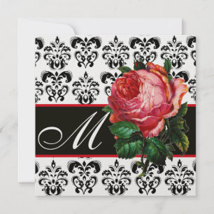 BEAUTIFUL PINK ROSE ZWARTE WITTE DAMASKMONOGRAM KAART