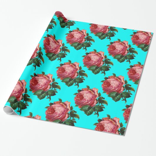BEAUTIFUL PINK ROSES, Turquoise Blauwgroen Blue Cadeaupapier (Uitgerold)