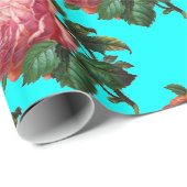 BEAUTIFUL PINK ROSES, Turquoise Blauwgroen Blue Cadeaupapier (Rol Hoek)