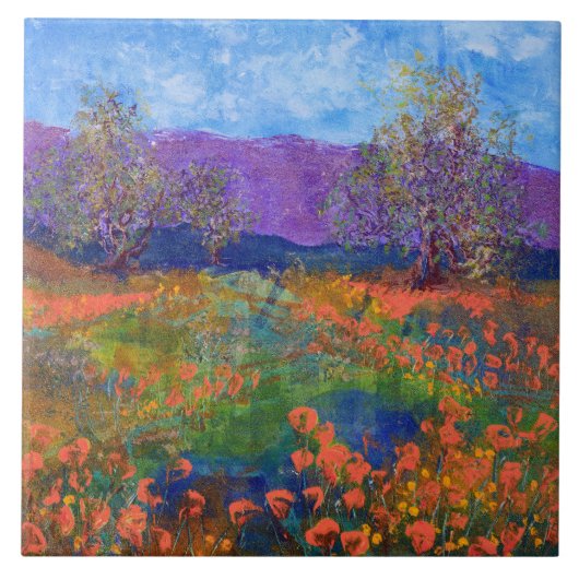 Beautiful Poppy Field Ceramic Tile Tegeltje (Voorkant)