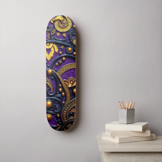 Beautiful Purple Black Gold Floral Abstract Persoonlijk Skateboard (Muurkunst)