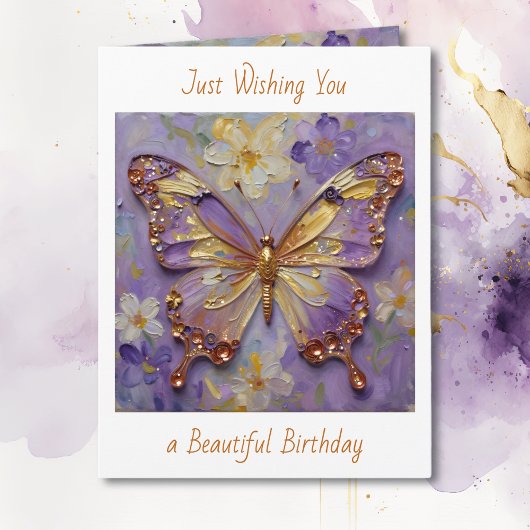 Beautiful Purple Butterfly and Flowers Birthday Kaart