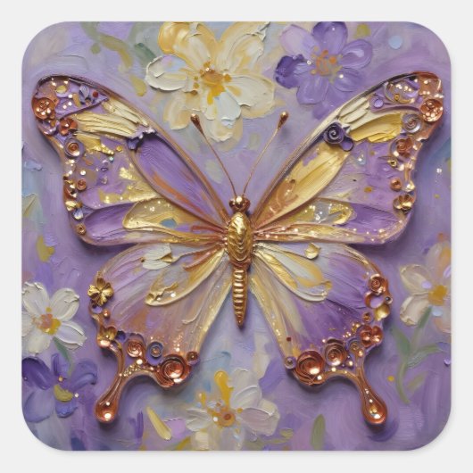Beautiful Purple Butterfly and Flowers Vierkante Sticker (Voorkant)
