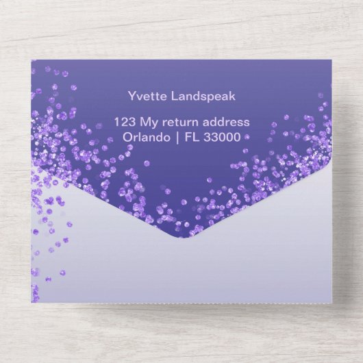 Beautiful Purple Glitter 20th Happy Birthday All In One Uitnodiging (Achterkant)