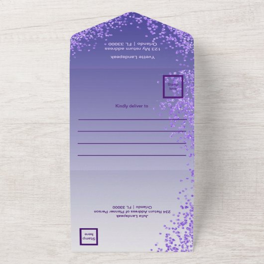 Beautiful Purple Glitter 50th Happy Birthday All In One Uitnodiging (Buitenkant)