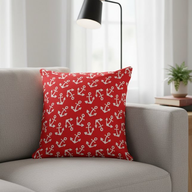 Beautiful Red And White Anchors Nautical Large Kussen (Red and white anchors large cotton pillow.)