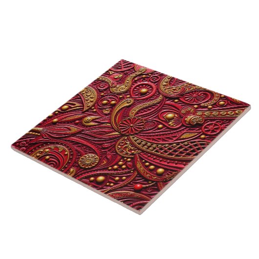 Beautiful Ruby Red & Gold Floral Abstract Tegeltje (Zijkant)