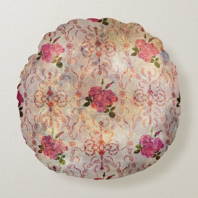 Beautiful seamless pink rose pattern grunge old st rond kussen (Voorkant)