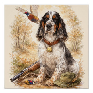 Beautiful Setter with Pheasants , Art Perfect Poster