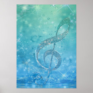 Beautiful shining effect blue treble clef poster