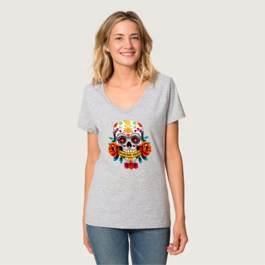 Beautiful Souls Sugar Skull Rose Banner Art T-shirt (Voorkant volledig)