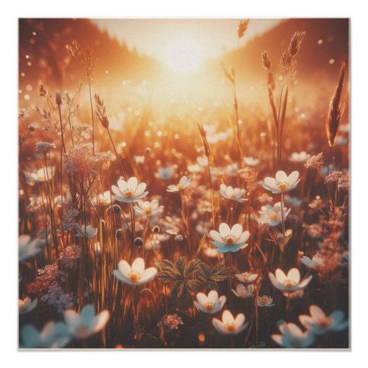 Beautiful Sunrise Spring Meadow White Wildflowers Perfect Poster (Voorkant)
