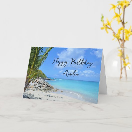 Beautiful Turquoise Tropical Beach  Birthday Kaart (Gele Bloem)