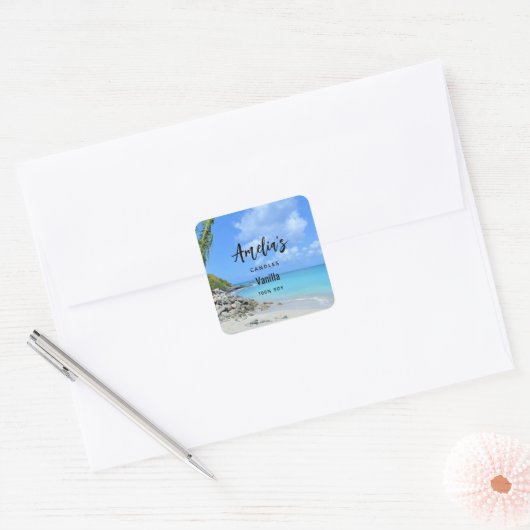 Beautiful Turquoise Tropical Beach Candle Business Vierkante Sticker (Envelop)