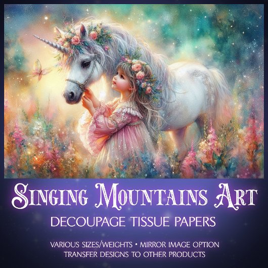 Beautiful Unicorn Little Girl Fantasy Decoupage Tissuepapier